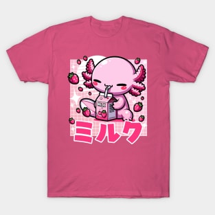 Kawaii Axolotl Drinking Strawberry Milk T-Shirt